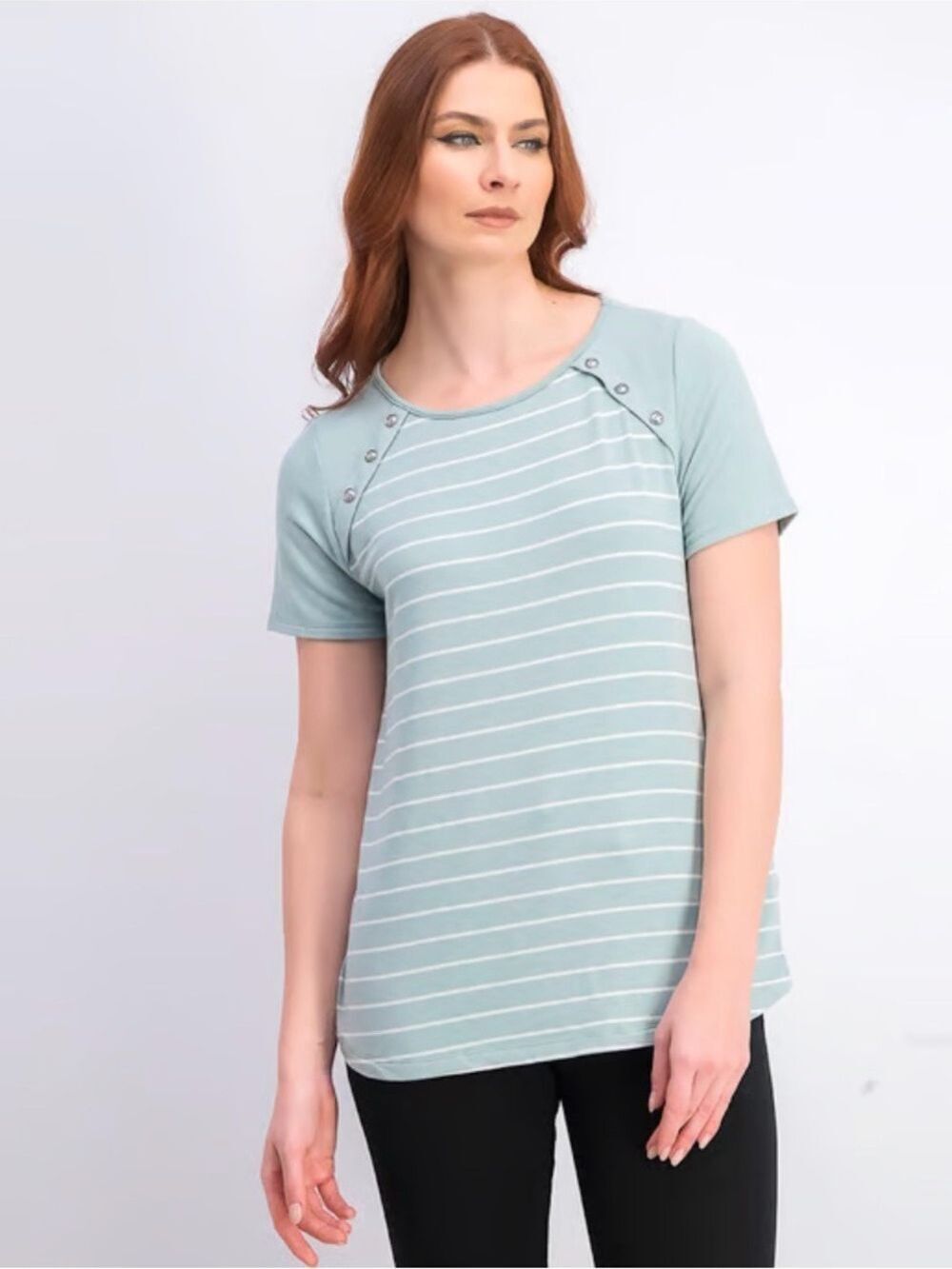 Pink Clover Stripe Short Sleeve T Shirt Shoulder Button Detail SZ M Green White
